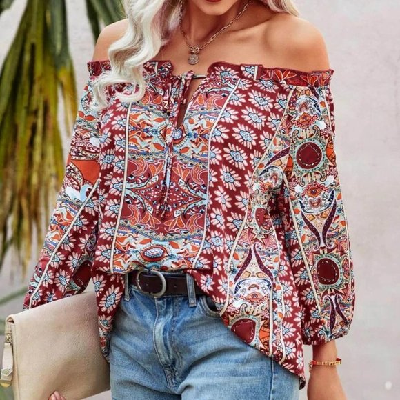 . Tops - Boho Floral Print Off Shoulder Blouse burgundy